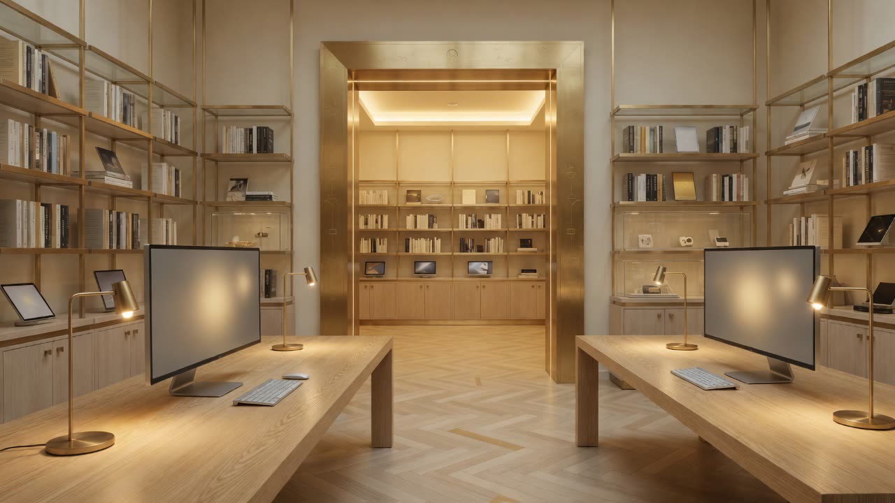Modern library for Dynamics 365 Copilot human approval gates: pale oak tables, brass desk lamps, and thin desktop computers beside the lamps