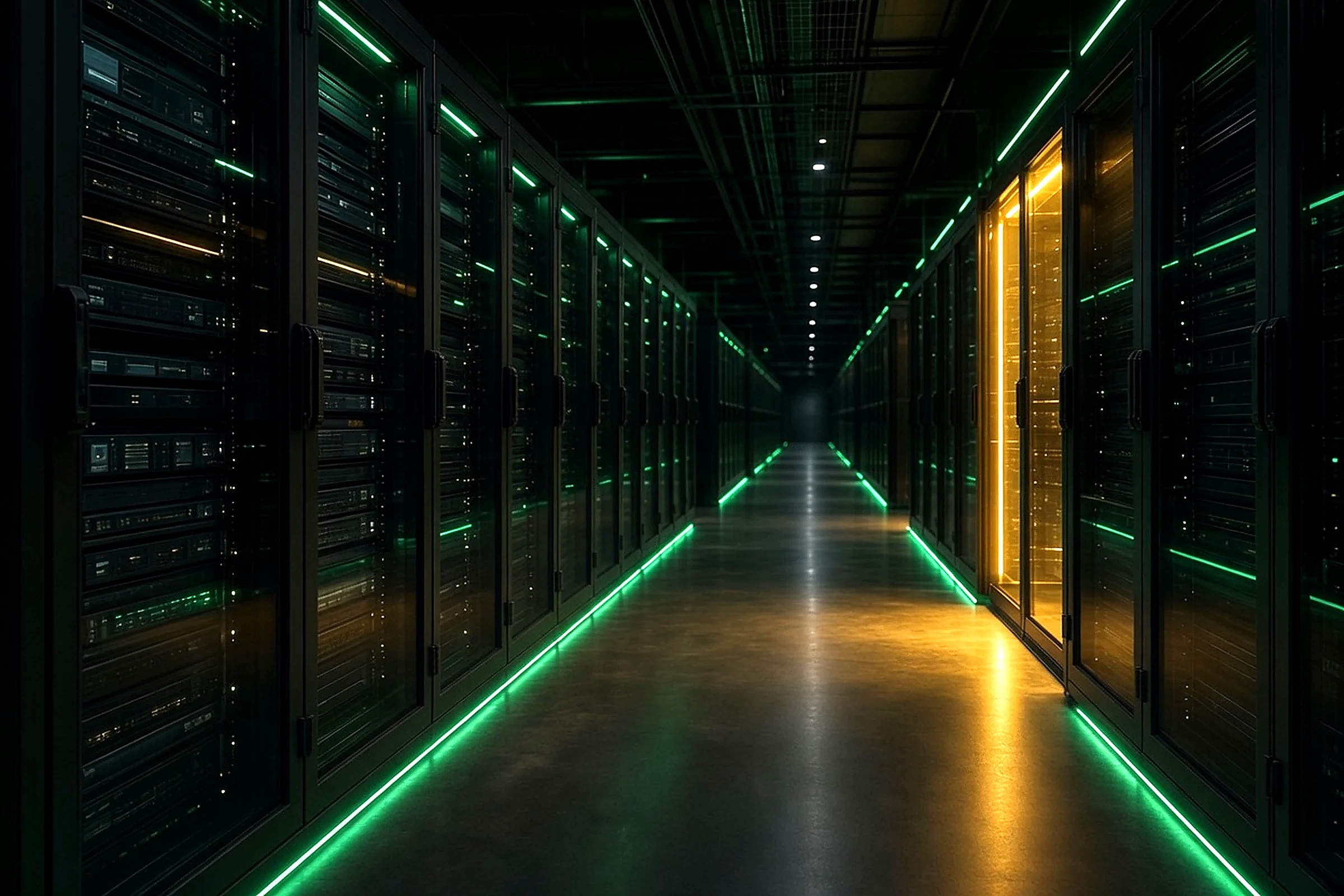 How an IDPROIT engagement runs — discovery, design, build and integrate, harden and hand over in a dark datacenter aisle with emerald lighting and a gold accent.